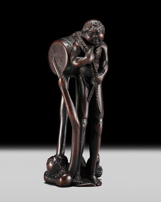 GYOKKEI: A FINE WOOD NETSUKE DEPICTING ASHINAGA AND TENAGA PLAYING THE DRUM