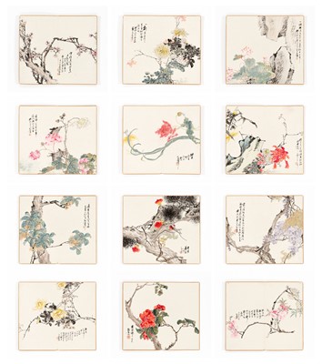 Lot 664 - AN ALBUM OF TWELVE FLORAL STUDIES, BY SHAO SHENG, LATE REPUBLIC PERIOD