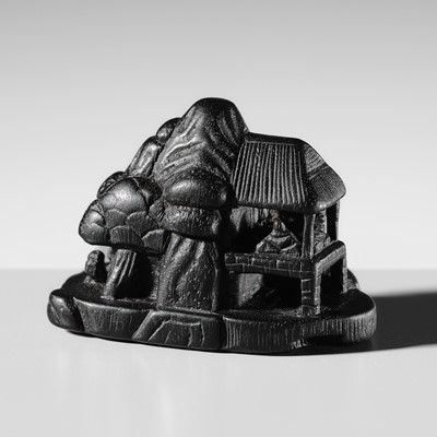 SEIZAN: A HORAKU STYLE EBONY WOOD NETSUKE OF A PAVILION