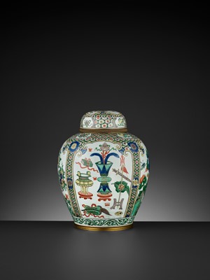 Lot 303 - A FAMILLE VERTE ‘BUDDHIST TREASURES’ JAR AND COVER, QING DYNASTY