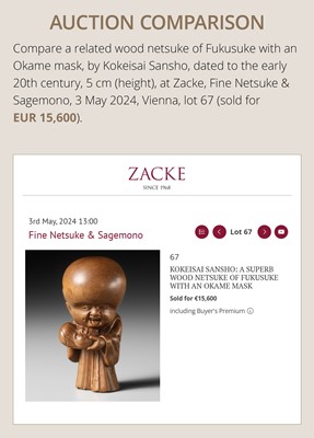 Lot 156 - A SUPERB INLAID WOOD NETSUKE OF A MAN WITH AN OKAME MASK, SCHOOL OF KOKEISAI SANSHO