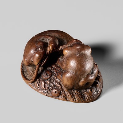Lot 308 - A WOOD NETSUKE OF TWO PUPPIES ON AWABI