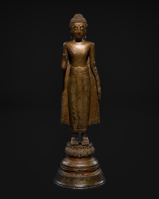 Lot 1515 - A LARGE LACQUERED BRONZE FIGURE OF A STANDING BUDDHA