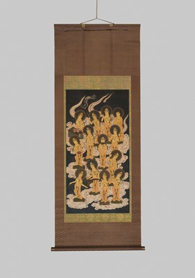 Lot 151 - AN IMPORTANT PAIR OF HANGING SCROLL PAINTINGS DEPICTING THE TWENTY-FIVE BODHISATTVAS DESCENDING FROM HEAVEN, KAMAKURA PERIOD