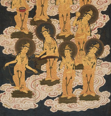 Lot 151 - AN IMPORTANT PAIR OF HANGING SCROLL PAINTINGS DEPICTING THE TWENTY-FIVE BODHISATTVAS DESCENDING FROM HEAVEN, KAMAKURA PERIOD