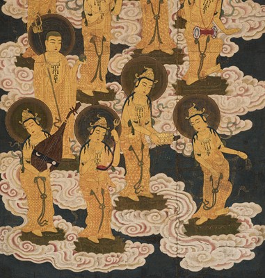 Lot 151 - AN IMPORTANT PAIR OF HANGING SCROLL PAINTINGS DEPICTING THE TWENTY-FIVE BODHISATTVAS DESCENDING FROM HEAVEN, KAMAKURA PERIOD
