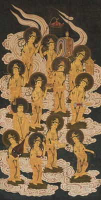 Lot 151 - AN IMPORTANT PAIR OF HANGING SCROLL PAINTINGS DEPICTING THE TWENTY-FIVE BODHISATTVAS DESCENDING FROM HEAVEN, KAMAKURA PERIOD