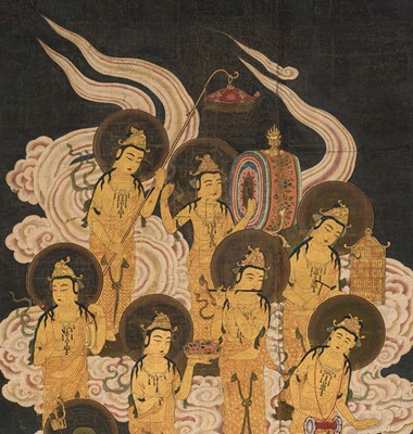 Lot 151 - AN IMPORTANT PAIR OF HANGING SCROLL PAINTINGS DEPICTING THE TWENTY-FIVE BODHISATTVAS DESCENDING FROM HEAVEN, KAMAKURA PERIOD