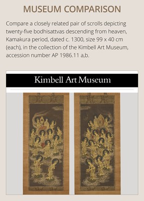 Lot 151 - AN IMPORTANT PAIR OF HANGING SCROLL PAINTINGS DEPICTING THE TWENTY-FIVE BODHISATTVAS DESCENDING FROM HEAVEN, KAMAKURA PERIOD