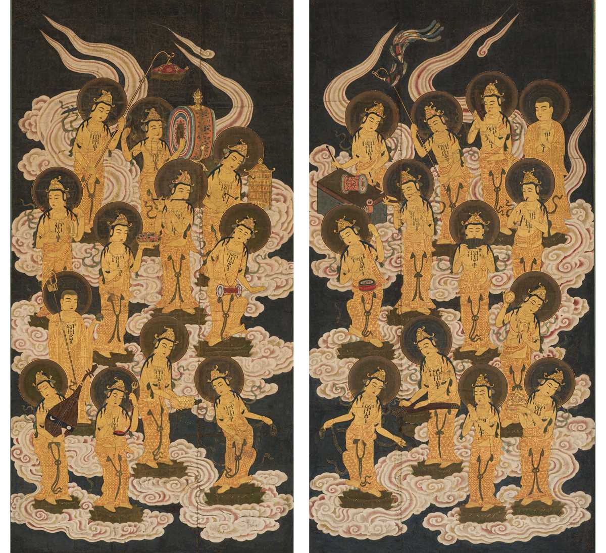 Lot 151 - AN IMPORTANT PAIR OF HANGING SCROLL PAINTINGS DEPICTING THE TWENTY-FIVE BODHISATTVAS DESCENDING FROM HEAVEN, KAMAKURA PERIOD