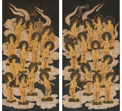 Lot 151 - AN IMPORTANT PAIR OF HANGING SCROLL PAINTINGS DEPICTING THE TWENTY-FIVE BODHISATTVAS DESCENDING FROM HEAVEN, KAMAKURA PERIOD