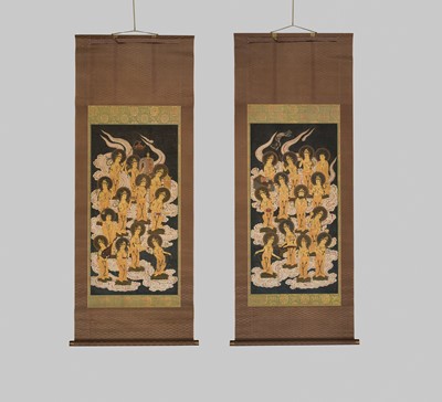 Lot 151 - AN IMPORTANT PAIR OF HANGING SCROLL PAINTINGS DEPICTING THE TWENTY-FIVE BODHISATTVAS DESCENDING FROM HEAVEN, KAMAKURA PERIOD