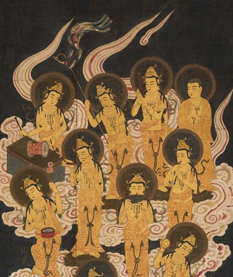 Lot 151 - AN IMPORTANT PAIR OF HANGING SCROLL PAINTINGS DEPICTING THE TWENTY-FIVE BODHISATTVAS DESCENDING FROM HEAVEN, KAMAKURA PERIOD