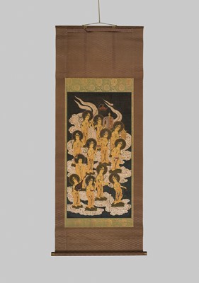 Lot 151 - AN IMPORTANT PAIR OF HANGING SCROLL PAINTINGS DEPICTING THE TWENTY-FIVE BODHISATTVAS DESCENDING FROM HEAVEN, KAMAKURA PERIOD