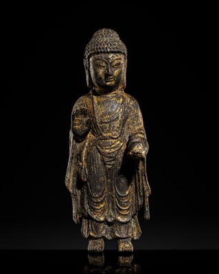 Lot 1414 - A GILT-BRONZE FIGURE OF A STANDING BUDDHA, PROBABLY YAKSA YEORAE, UNIFIED SILLA PERIOD