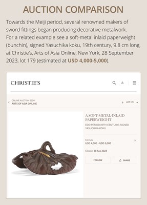 Lot 40 - SHOZUI: A FINE HAMANO SCHOOL MIXED-METAL BUNCHIN (PAPERWEIGHT) OF A FISHERMAN ON A FLOAT