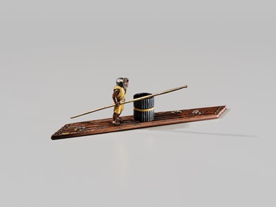 Lot 40 - SHOZUI: A FINE HAMANO SCHOOL MIXED-METAL BUNCHIN (PAPERWEIGHT) OF A FISHERMAN ON A FLOAT