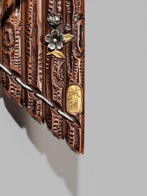 Lot 40 - SHOZUI: A FINE HAMANO SCHOOL MIXED-METAL BUNCHIN (PAPERWEIGHT) OF A FISHERMAN ON A FLOAT