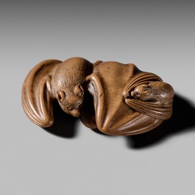 Lot 377 - MASATOSHI: A DELICATE WOOD NETSUKE OF A BAT AND YOUNG