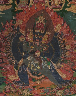 Lot 57 - A LARGE THANGKA DEPICTING YAMANTAKA VAJRABHAIRAVA WITH HIS CONSORT VAJRAVETALI, TIBET, 18TH CENTURY