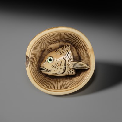OHARA MITSUHIRO: A SUPERB IVORY NETSUKE OF A SEA BREAM HEAD IN A SURIBACHI (MORTAR), DATED 1855