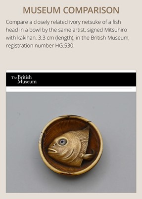 OHARA MITSUHIRO: A SUPERB IVORY NETSUKE OF A SEA BREAM HEAD IN A SURIBACHI (MORTAR), DATED 1855