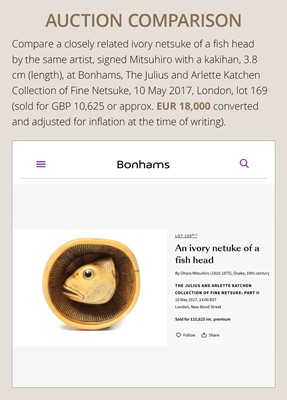 OHARA MITSUHIRO: A SUPERB IVORY NETSUKE OF A SEA BREAM HEAD IN A SURIBACHI (MORTAR), DATED 1855