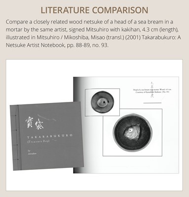 OHARA MITSUHIRO: A SUPERB IVORY NETSUKE OF A SEA BREAM HEAD IN A SURIBACHI (MORTAR), DATED 1855