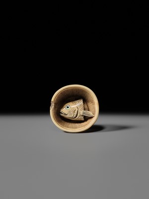 OHARA MITSUHIRO: A SUPERB IVORY NETSUKE OF A SEA BREAM HEAD IN A SURIBACHI (MORTAR), DATED 1855
