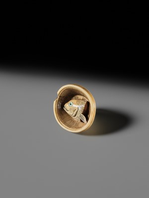 OHARA MITSUHIRO: A SUPERB IVORY NETSUKE OF A SEA BREAM HEAD IN A SURIBACHI (MORTAR), DATED 1855
