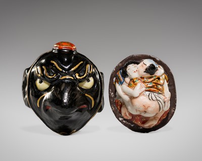 Lot 609 - A PORCELAIN SHUNGA MASK NETSUKE OF A TENGU