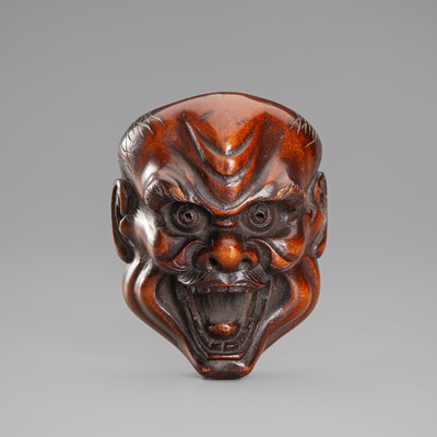 A LARGE WOOD MASK NETSUKE OF AN OLD MAN (JO)