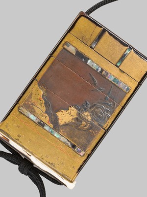 Lot 135 - AN INLAID FOUR-CASE LACQUER INRO WITH MINOGAME AND CRANES