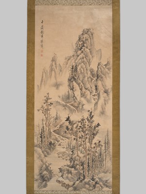 Lot 1607 - A HANGING SCROLL PAINTING DEPICTING A MOUNTAIN LANDSCAPE