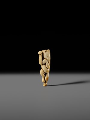 Lot 127 - HIDEMASA: A RARE AND SUPERB IVORY NETSUKE OF A DANCING KITSUNE