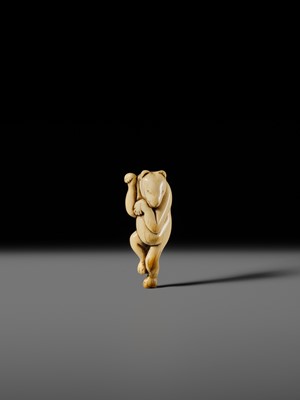 Lot 127 - HIDEMASA: A RARE AND SUPERB IVORY NETSUKE OF A DANCING KITSUNE