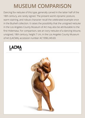 Lot 127 - HIDEMASA: A RARE AND SUPERB IVORY NETSUKE OF A DANCING KITSUNE