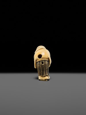 Lot 134 - MAZAKAZU: AN IVORY NETSUKE OF A HACHI-TATAKI PERFORMER