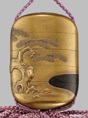 Lot 13 - A FINE ZESHIN-STYLE FOUR-CASE GOLD LACQUER INRO WITH A PINE TREE AND THE FULL MOON