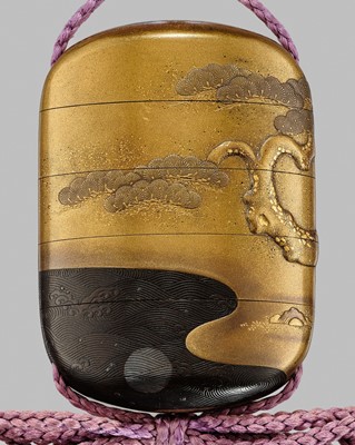 Lot 13 - A FINE ZESHIN-STYLE FOUR-CASE GOLD LACQUER INRO WITH A PINE TREE AND THE FULL MOON