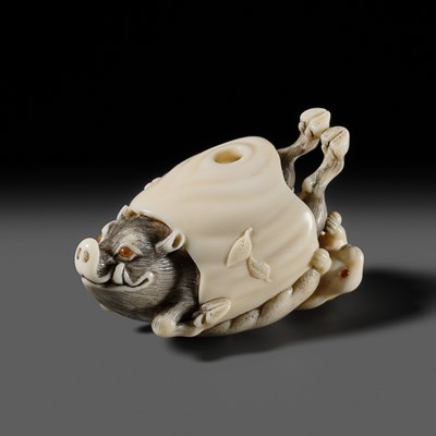 Lot 379 - KANGYOKU: A SUPERB MAMMOTH TUSK NETSUKE OF A BOAR AND RABBIT