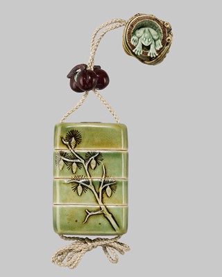 ARMIN MÜLLER AND LYNN RICHARDSON: A CELADON-GLAZED PORCELAIN (YAKIMONO) ‘SHOCHIKUBAI’ SAGEMONO SET