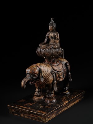 Lot 162 - A SUPERB AND VERY RARE CARVED WOOD FIGURE OF FUGEN BOSATSU ON ELEPHANT, KAMAKURA PERIOD, THE DATING CONFIRMED BY A C14 TEST