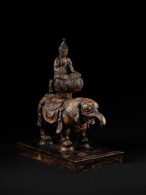 Lot 162 - A SUPERB AND VERY RARE CARVED WOOD FIGURE OF FUGEN BOSATSU ON ELEPHANT, KAMAKURA PERIOD, THE DATING CONFIRMED BY A C14 TEST