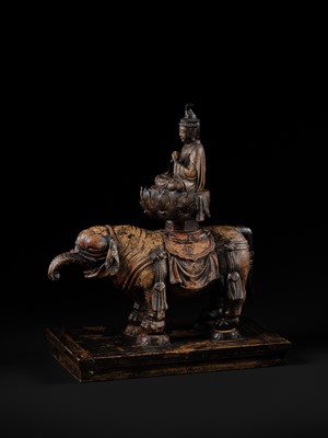 Lot 162 - A SUPERB AND VERY RARE CARVED WOOD FIGURE OF FUGEN BOSATSU ON ELEPHANT, KAMAKURA PERIOD, THE DATING CONFIRMED BY A C14 TEST