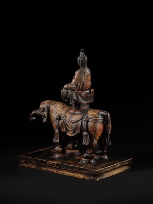 Lot 162 - A SUPERB AND VERY RARE CARVED WOOD FIGURE OF FUGEN BOSATSU ON ELEPHANT, KAMAKURA PERIOD, THE DATING CONFIRMED BY A C14 TEST