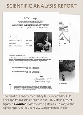 Lot 162 - A SUPERB AND VERY RARE CARVED WOOD FIGURE OF FUGEN BOSATSU ON ELEPHANT, KAMAKURA PERIOD, THE DATING CONFIRMED BY A C14 TEST