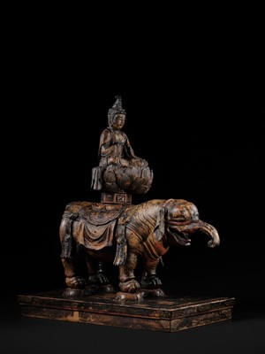 Lot 162 - A SUPERB AND VERY RARE CARVED WOOD FIGURE OF FUGEN BOSATSU ON ELEPHANT, KAMAKURA PERIOD, THE DATING CONFIRMED BY A C14 TEST