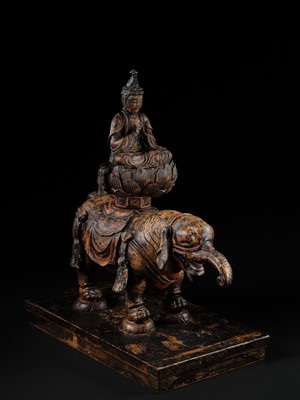 Lot 162 - A SUPERB AND VERY RARE CARVED WOOD FIGURE OF FUGEN BOSATSU ON ELEPHANT, KAMAKURA PERIOD, THE DATING CONFIRMED BY A C14 TEST