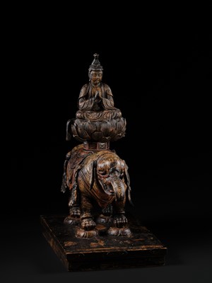 Lot 162 - A SUPERB AND VERY RARE CARVED WOOD FIGURE OF FUGEN BOSATSU ON ELEPHANT, KAMAKURA PERIOD, THE DATING CONFIRMED BY A C14 TEST